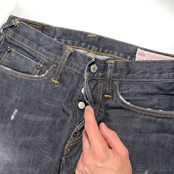 Evisu No 2 BLK Black Diacock Logo Straight Leg Selvedge Jeans mens size 30x33.5 - Picture 5 of 12